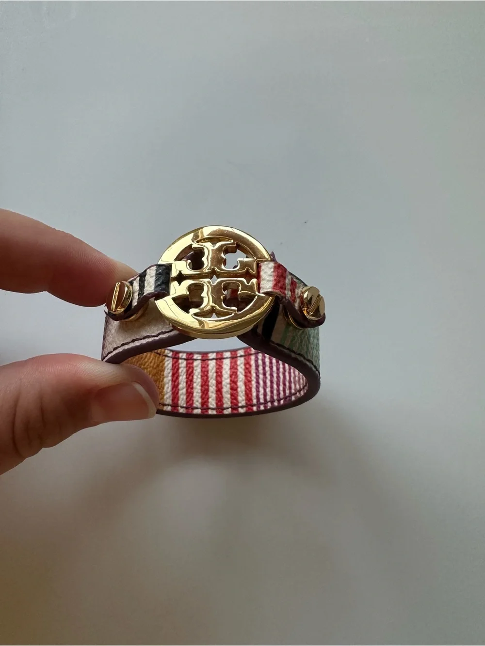 Tory Burch Striped Leather Cuff with Gold Logo